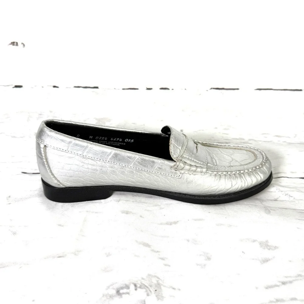 Bass Weejuns Shoes Women's 8M Silver Penny Loafers Slip On Leather Croc Print
